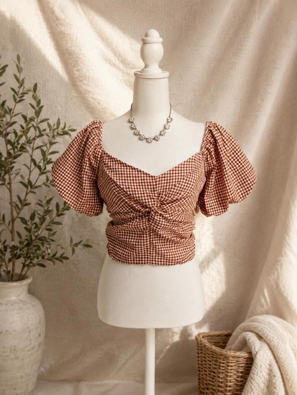 Rabbit Rose Gingham Crop Top White Brown Off Shoulder Twist Front Size XL